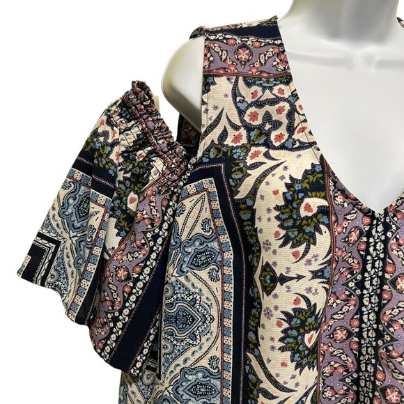 Luxology Cold Shoulder Bohemian Pattern High Low Blouse Size L Hippy Girl - Picture 2 of 5